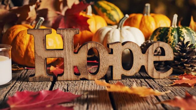 Rustic Autumn Home Composition - A rustic autumn composition features the word "Home" spelled out in wooden letters on a wooden table, surrounded by colorful fall leaves and an assortment of pumpkins