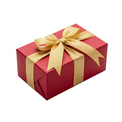 Obraz premium Gift box isolated on transparent background – red square package with elegant golden ribbon and bow. Festive packaging.