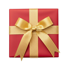 Fototapeta premium Gift box isolated on transparent background – red square package with elegant golden ribbon and bow. Festive packaging.