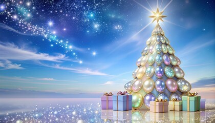 Nastrój świąt Bożego Narodzenia. Choinka bożonarodzeniowa z ozdobami i prezentami.