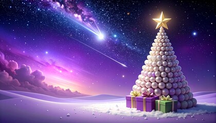 Nastrój świąt Bożego Narodzenia. Choinka bożonarodzeniowa z ozdobami i prezentami.