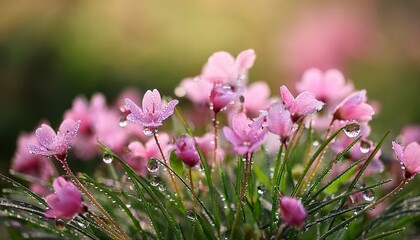Obraz premium Selective Focus Of Small Pink Flowers With Raindrops On Blurry Greenery Background Spring Floral Background
