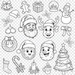 Christmas Doodle or decorative banner with funny Santa Claus, Deer, snowball, cake and gift boxes and many others.