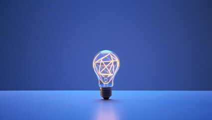 Illuminated light bulb with geometric network design on a blue background