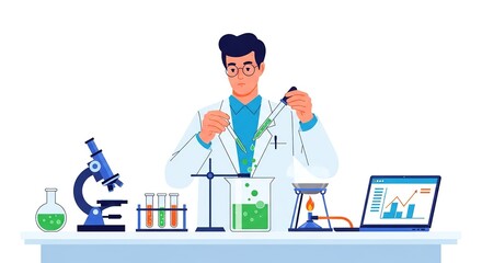 Scientist conducting laboratory experiment with scientific equipment concept