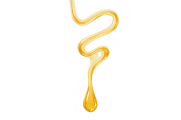 Golden honey or caramel syrup dripping in a swirl shape, pouring sweet liquid stream with a drop, transparent background