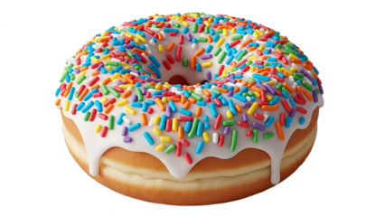 A delicious donut with white frosting and colorful sprinkles isolated on a black background surface