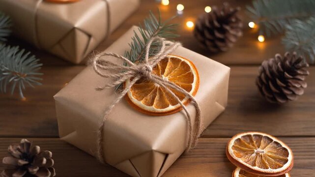 A beautifully wrapped Christmas gift with natural decorations on a rustic wooden table, surrounded by pine cones and festive lights, creating a cozy holiday atmosphere.