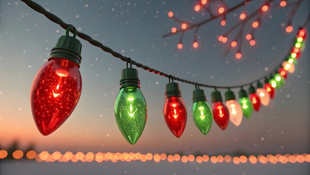 Festive string of large colorful christmas lights twinkling against a starry night sky with bokeh background - Powered by Adobe