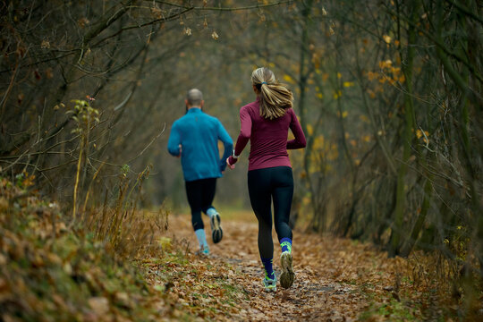 Two runners pacing steadily on long forest corridor filled with brown leaves. Concept of fitness routines, wellbeing support, corporate wellness topics and fall running guides. - Powered by Adobe