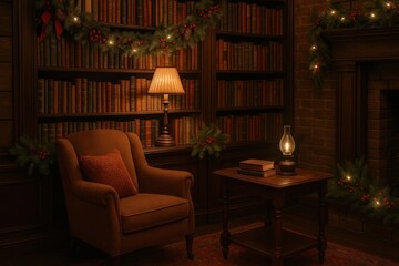 Fototapeta premium Cozy library with festive decor.