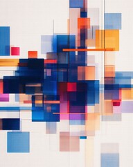 A vibrant abstract composition featuring geometric shapes in various colors, creating a dynamic visual interplay.