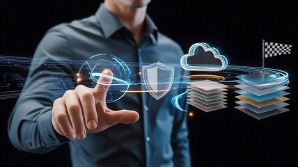 Man interacting with virtual digital interface and cloud technology icons
