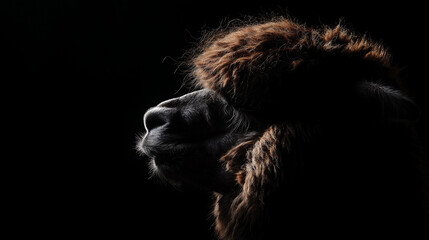 Obraz premium Intensely lit Alpaca face in dark mountain backdrop
