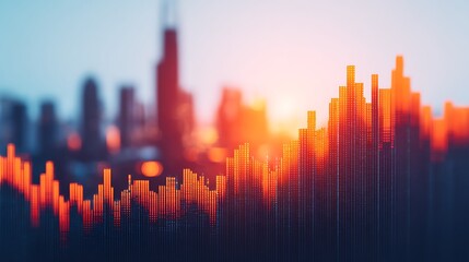 A vibrant city skyline with a digital graph overlay, symbolizing growth and data analytics against a stunning sunset backdrop.