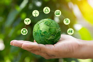 Hand holding a green planet with environmental icons symbolizing sustainability and eco friendly practices