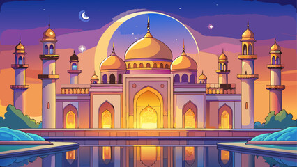 Cartoonish mosque with crescent moon and reflection