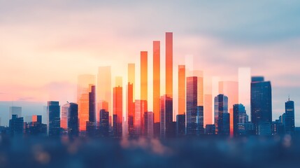 Fototapeta premium A vibrant city skyline at sunset, showcasing tall buildings with colorful reflections and a dreamy atmosphere.