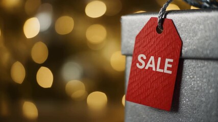 A red "SALE" tag is placed on a shiny silver gift box, with warm golden bokeh lights twinkling in the background, symbolizing discounts, holiday shopping, and special offers. - Powered by Adobe