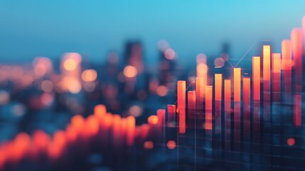 A vibrant financial graph with rising bars against a blurred cityscape, representing growth and investment trends.