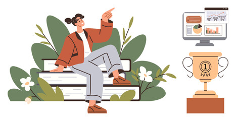 Fototapeta premium Woman seated on stacked books with flowers, pointing towards a screen showing data analytics. Trophy signifies success. Ideal for education, goals, growth, career, motivation, knowledge achievement