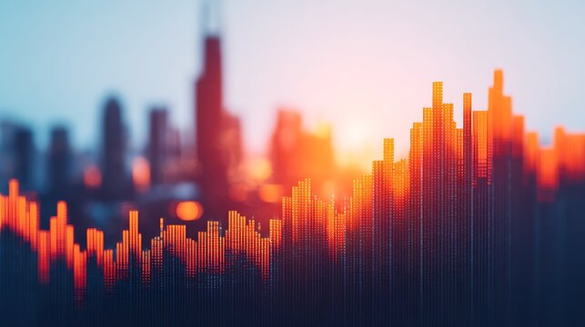 A vibrant city skyline with a digital graph overlay, symbolizing growth and data analytics against a stunning sunset backdrop.