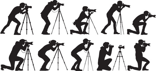 Silhouette of photographers in various poses with cameras and tripods