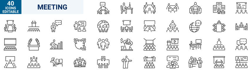 Meeting set of web icons in line style. Live webinar icons for web and mobile app. Containing conference, business meeting, classroom, team, interview, conference, work, discussion and more
