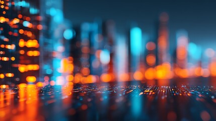 A vibrant, abstract cityscape featuring glowing blue and orange lights against a blurred background, creating a futuristic atmosphere.