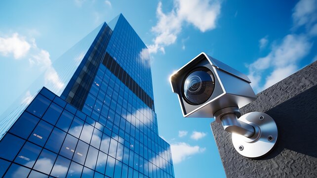 Security camera mounted on glass building against blue sky
