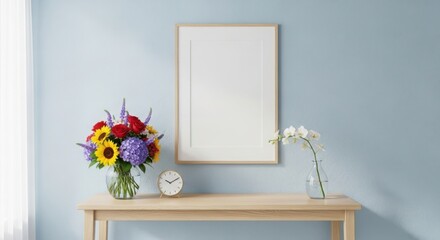 Blank canvas above colorful bouquet and vase on a table