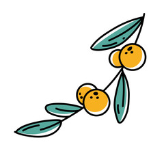 Yellow berries branch illustration for nature design. Hand-drawn branch with yellow berries and green leaves ideal for botanical, autumn, and organic themed vector projects.