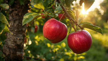 Two ripe red apples hanging on a tree branch, bathed in warm sunlight, symbolizing harvest and nature bounty.