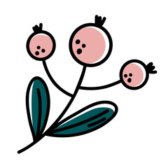 Pink berries botanical illustration for decor. Stylized branch with pink berries and leaves suited for botanical themes, autumn designs, natural motifs, and vector decorations.