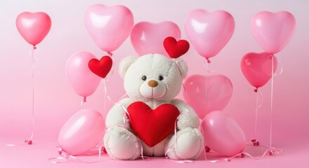Adorable teddy bear holding red heart surrounded by pink heart balloons for valentine's day celebration
