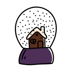 Snow globe with winter house Christmas illustration. Hand-drawn snow globe featuring a small winter house, ideal for Christmas designs, cozy holiday themes, and festive vector artwork.