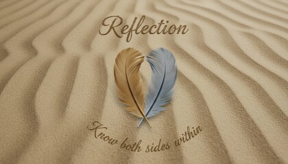 A serene heart shape formed by two different feathers resting gently on rippled sand with a message of reflection