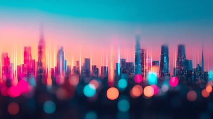 A vibrant city skyline at dusk, with colorful lights creating a dreamy, abstract atmosphere.