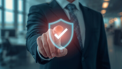 A professional man in a suit interacting with a digital security icon, representing cybersecurity and trust.