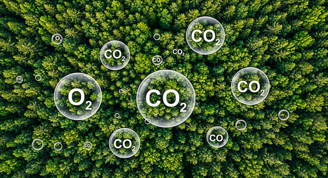 Carbon capture and storage concept aerial view of forest with co2 and oxygen symbols overlayed image