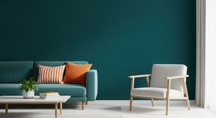 Modern living room with teal walls and comfortable seating arrangement