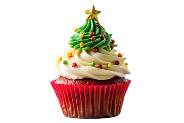 Christmas Tree Cupcake with Swirled Vanilla Frosting, Green Sprinkles and Yellow Star - Isolated on Black