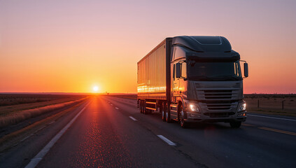 A trucking vehicle on the road at sunset, symbolizing long-haul travel, freight, and logistics in a scenic view.