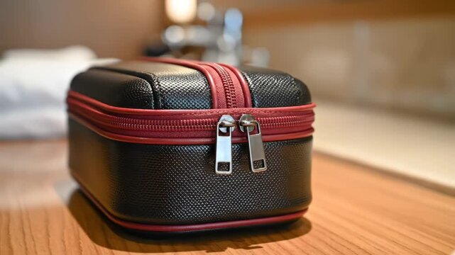 Black and Red Travel Cosmetic Case - A black travel cosmetic case with a red zipper sits on a wooden surface. The case appears to be well-made and ready for travel.