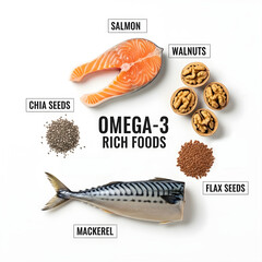 Omega-3 Rich Food Variety: Showcasing a range of healthy food options rich in omega-3 fatty acids, this image offers a visual guide to nutritious eating. Featuring salmon, mackerel, walnuts.