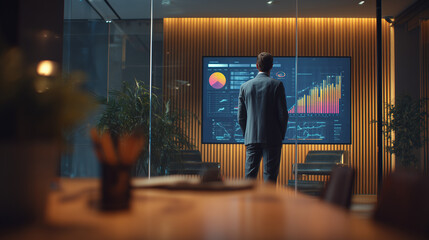 Consultant Analyzing Financial Data in a Modern Boardroom
