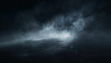 Dark smoky mist rising in a mysterious atmosphere, with a calm reflective surface, evoking mystery and intrigue.