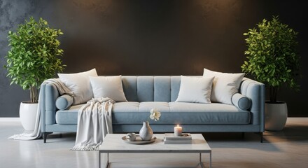 Modern living room sofa with plush pillows and coffee table decor lush plants