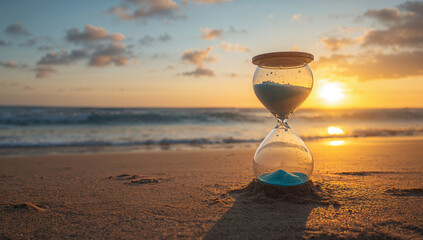 Hourglass filled with blue sand on the sandy beach at sunset, representing time, nature, and serenity.