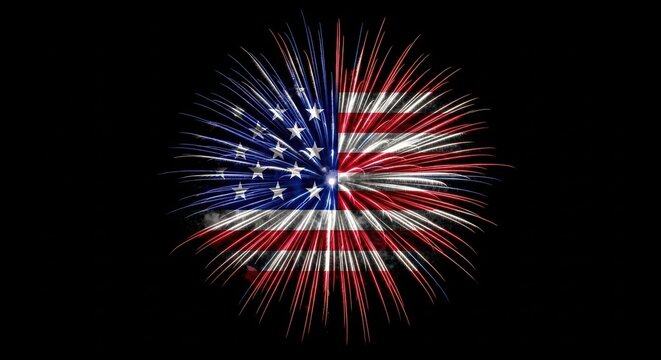Patriotic Firework Resembling American Flag. Red White and Blue Firework Burst. Digital Art of US Flag Firework. - Powered by Adobe